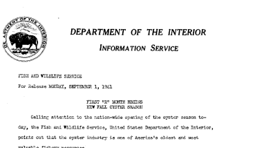 First "R" Month Begins New Fall Oyster Season September 1, 1941