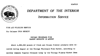 Chicago Wholesale Fish Market Receipts in August September 16, 1941