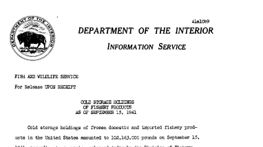 Cold Storage Holdings of Fishery Products as of September 15, 1941 November 9, 1941