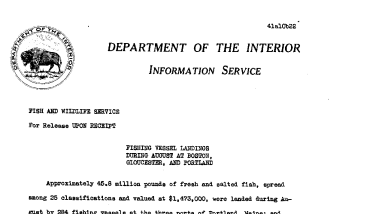 Fishing Vessel Landings During August at Boston, Gloucester, and Portland November 22, 1941