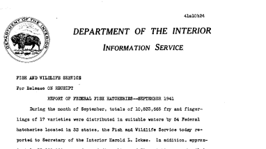 Report of Federal Fish Hatcheries September 1941 November 24, 1941