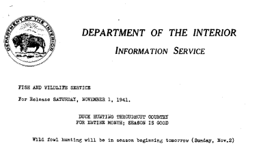 Duck Hunting Thoughout Country for Entire Month; Season Is Good November 1, 1941