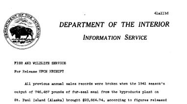 746,457 Pounds of Fur-Seal Broke Annual Sales Records November 6, 1941