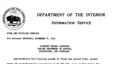 Fishing Vessel Landings During September at Boston, Gloucester, and Portland November 6, 1941