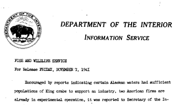 Sufficient Populations of King Crabs Found in Certain Alaskan Waters November 7, 1941