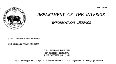 Cold Storage Holings of Fishery Products as of October 15, 1941 November 10, 1941