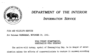Wild Turkey Disappearing, Restoration Work Underway November 19, 1941