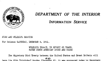 Wildlife Treaty, in Effect 25 Years, Saves North American Ducks and Geese December 6, 1941
