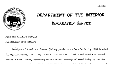 The Annual Summary Total 60,975,000 Pounds of Fresh and Frozen Fishery Products Receipts During 1940 December 8, 1941