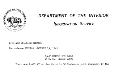 2,655 Silver Fox Farms in U.S., Census Shows January 13, 1942
