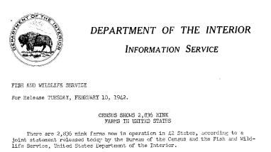 Census Shows 2,836 Mink Farms in United States February 10, 1942