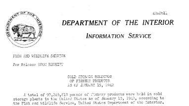 Cold Storage Holdings of Fishery Products as of January 15, 1942 February 11, 1942