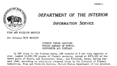 Fishing Vessel Landings During January at Boston, Gloucester and Portland March 11, 1942