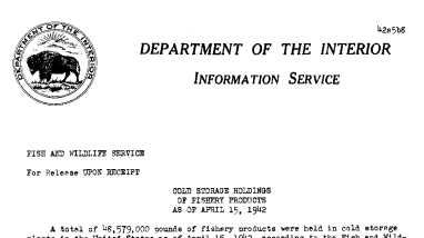 Cold Storage Holdings of Fishery Products as of April 15, 1942 May 8, 1942
