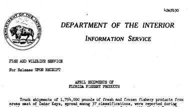 April Shipments of Florida Fishery Products May 30, 1942