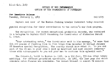 Boston Fishing Brawler Cormorant Receive Special Recognition for Contribution to Nation's War Food Program February 9, 1943