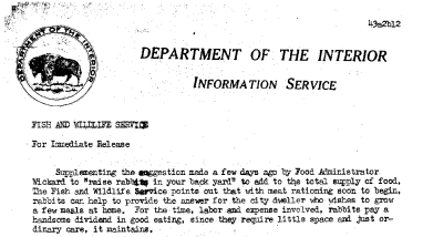 "Raise Rabbits in Your Backyard" Supplementing Suggestion Made by Wickard February 12, 1943