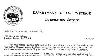 Sea Mussel to Become Popular as Food in the United States March 15, 1943
