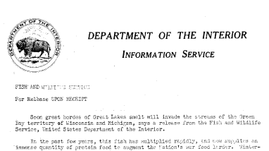 Soon Great Hordes of Great Lakes Smelt Will Invade the Streams of the Green Bat Territory March 15, 1943