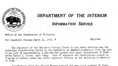 Depletion of Fishing Fleets by Armed Forces Was Principal Factor in Reduced Catch March 21, 1943