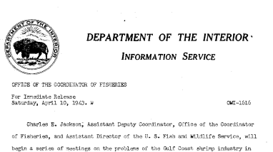 Chas. I. Jackson. Asst. Deputy Coordinator, Ocf, Will Begin A Series of Meetings on Gulf Coast Shrimp Industry in New Orleans April 4, 1943