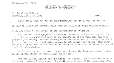 Whale Meat, Dark Red and Tasting Something Like Beef, Will Be Available, Chiefly in West Coast Markets This Year April 22, 1943