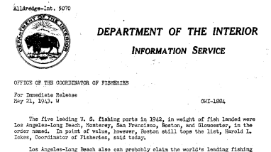 The Five Leading U.S. Fishing Ports in 1942 Were Los Angeles-Long Beach, Monterey, San Francisco, Boston, and Gloucester May 21, 1943