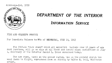 The 1943-44 "Duck Stamp" to Go on Sale at All First and Second Class Post Offices on July 1 June 16, 1943