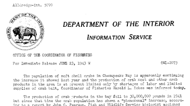 The Production of Crab Meat and Other Crab Products in the Chesapeake Bay Area June 23, 1943