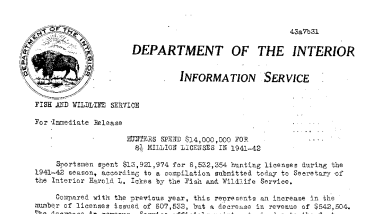 Hunter's License Sales for the 1941-42 Season July 31, 1943