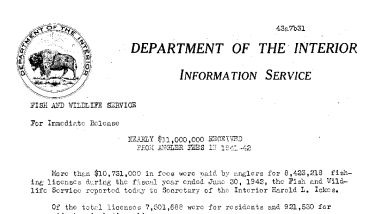 Angler's License Sales for the 1941-42 Season July 31, 1943