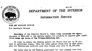 The Apportionment of $910,000 Made to the Various States for Projects to Improve Game Conditions Under the Terms of the Pittsman-Robertson Act August 10, 1943