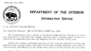 The Jacksonville, Fla., Office of the Market News Service to Close August 31 August 21, 1943