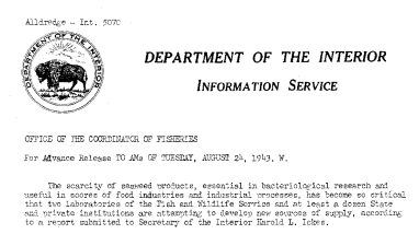Attempts Being Made to Develop New Sources of Supply of Seaweed Products by Fws, State and Private Institutions August 24, 1943
