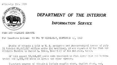 Stocks of Vitamin A Held by U.S. Producers and Pharmaceutical Houses on July 31, 1943 September 15, 1943