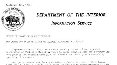 Resumption Next Year of the Concentration Plan Requested by Representatives of the Alaska Salmon Canning Industry September 20, 1943