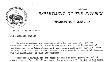 Deerskins Urgently Needed for War Purposes October 4, 1943