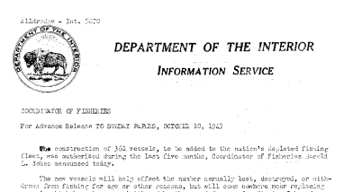Construction of 361 Vessels Authorized for the Nation's Depleted Fishing Fleet October 10, 1943