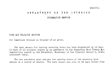 The Open Season for Hunting Mourning Doves October 11, 1943