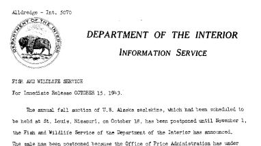Postponement of the Annual Fall Aunction of U.S. Alaska Sealskins Until November 1 October 15, 1943