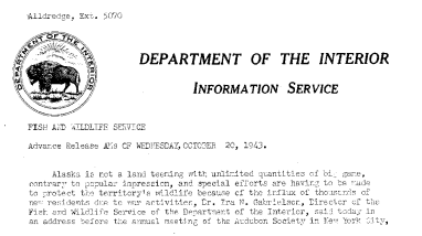 Protection of Alaska Wildlife-Address by Dr. Gabrielson Before the Audubon Society in New York City October 20, 1943