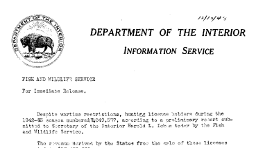 Preliminary Report on Sales of Hunting Fishing Licenses During the 1942-43 Season December 13, 1943