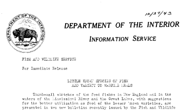 Little Known Species of Fish Add Variety to Wartime Meals December 27, 1943