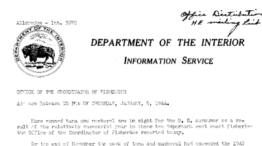 More Canned Tuna and Mackerel as Result of Successful Year in Two Important West Coast Fisheries January 6, 1944