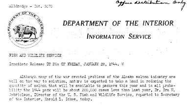Salmon Studies by FWS Predict Decline in Salmon Runs in Alaska January 28, 1944