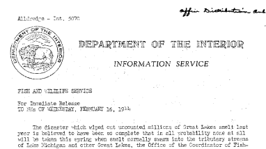 Smelts of the Great Lakes Area Belieed to Have Been Wiped Out in the Mysterious Epidemic Last Year February 16, 1944