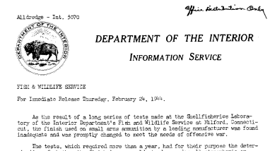 Tests Made at the Wilford Shellfisheries Laboratory in Connecticut Reveal Finish Used on Small Arms Ammunition Inadequate February 24, 1944