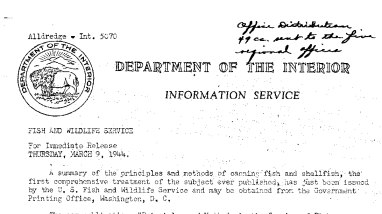 "Principles and Methods in the Canning of Fishery Products" Now Being Isued by FWS March 9, 1944