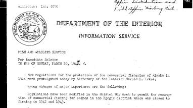 New Regulations for the Protection of the Commerical Fisheries of Alaska in 1944 Promulgated by Secretary of the Interior Ickes March 20, 1944