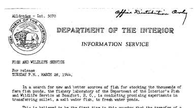 Promising Experiments in Transferring Mullet, A Salt Water Fish, to Fresh Water Ponds Being Conducted at the Fish Laboratory in Beaufort, N.C. March 28, 1944